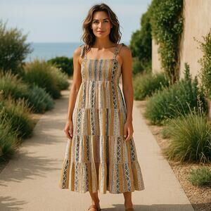 Lucky Brand SMALL Boho Tied Midi Sundress Peasant Gold Blue Cream